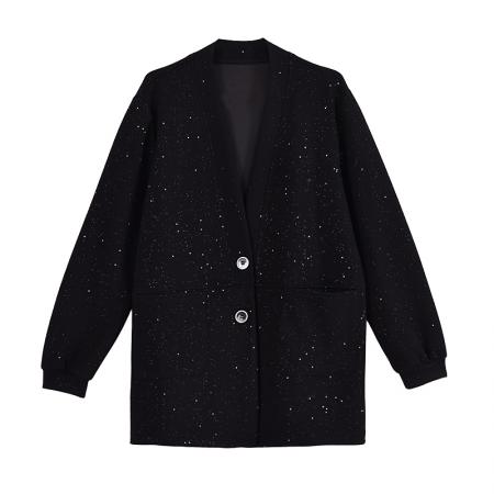 FA53017# 大码女装春新款黑色开衫胖mm宽松休闲亮闪闪百搭外套  服裝批發女裝批發服飾貨源