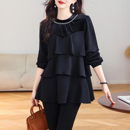 FA53020# 时尚钉珠大码上衣女春新款气质小衫洋气时尚胖mm巨显瘦  服裝批發女裝批發服飾貨源