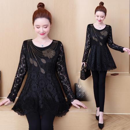 FA53021# 春新款烫钻蕾丝打底衫宽松显瘦洋气遮肚子长袖气质上衣女  服裝批發女裝批發服飾貨源
