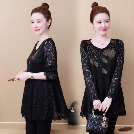 FA53021# 春新款烫钻蕾丝打底衫宽松显瘦洋气遮肚子长袖气质上衣女  服裝批發女裝批發服飾貨源