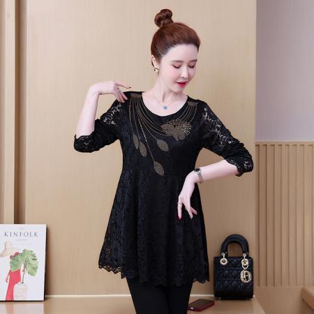 FA53021# 春新款烫钻蕾丝打底衫宽松显瘦洋气遮肚子长袖气质上衣女  服裝批發女裝批發服飾貨源