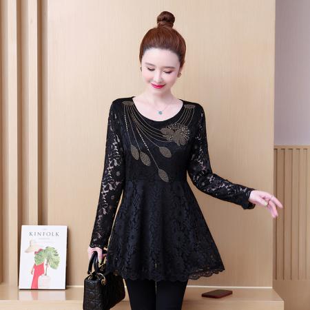 FA53021# 春新款烫钻蕾丝打底衫宽松显瘦洋气遮肚子长袖气质上衣女  服裝批發女裝批發服飾貨源