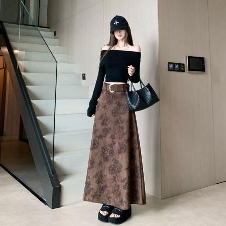 FA53022# 气质复古印花咖色半身裙女秋冬新款设计感高腰显瘦长时尚长裙  服裝批發女裝批發服飾貨源