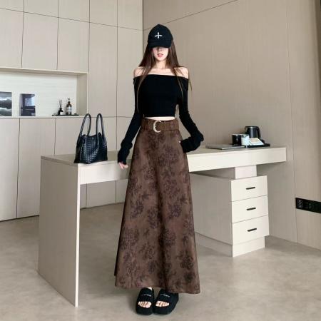 FA53022# 气质复古印花咖色半身裙女秋冬新款设计感高腰显瘦长时尚长裙  服裝批發女裝批發服飾貨源