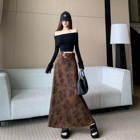 FA53022# 气质复古印花咖色半身裙女秋冬新款设计感高腰显瘦长时尚长裙  服裝批發女裝批發服飾貨源