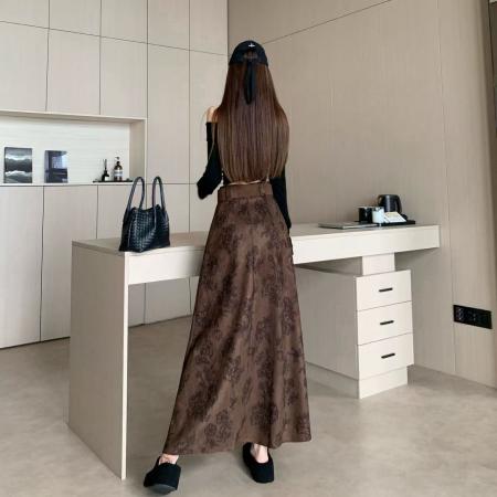 FA53022# 气质复古印花咖色半身裙女秋冬新款设计感高腰显瘦长时尚长裙  服裝批發女裝批發服飾貨源