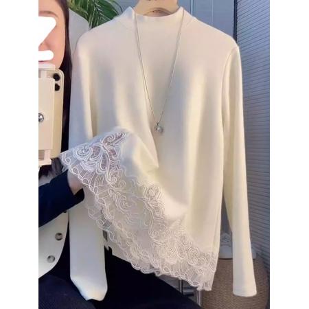 FA53023# 设计感蕾丝拼接德绒半高领T恤女冬新款时尚温柔宽松打底上衣  服裝批發女裝批發服飾貨源