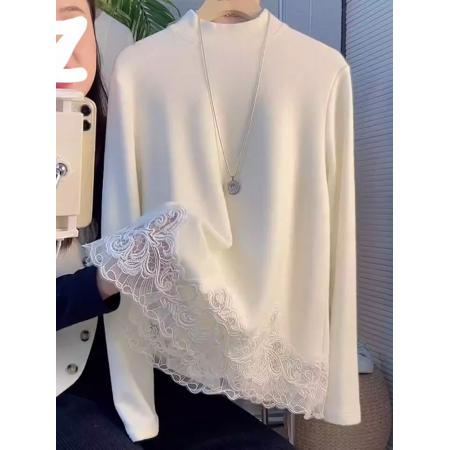 FA53023# 设计感蕾丝拼接德绒半高领T恤女冬新款时尚温柔宽松打底上衣  服裝批發女裝批發服飾貨源