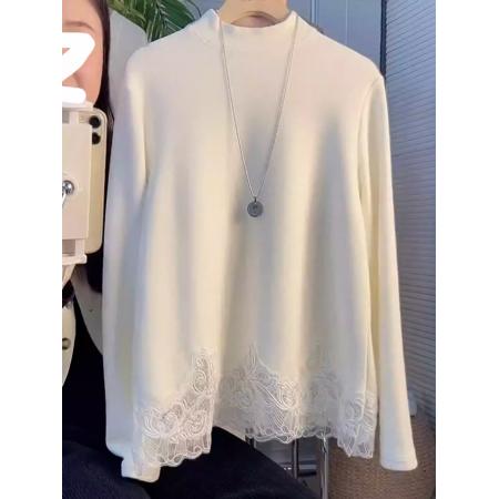 FA53023# 设计感蕾丝拼接德绒半高领T恤女冬新款时尚温柔宽松打底上衣  服裝批發女裝批發服飾貨源