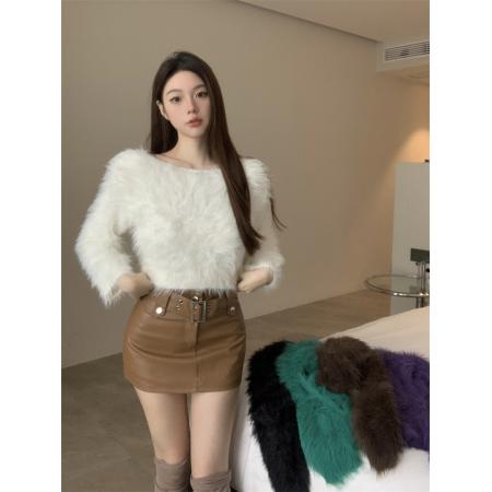 FA53025# 设计感纯欲性感纯色仿水貂绒简约短款软糯毛衣女  服裝批發女裝批發服飾貨源