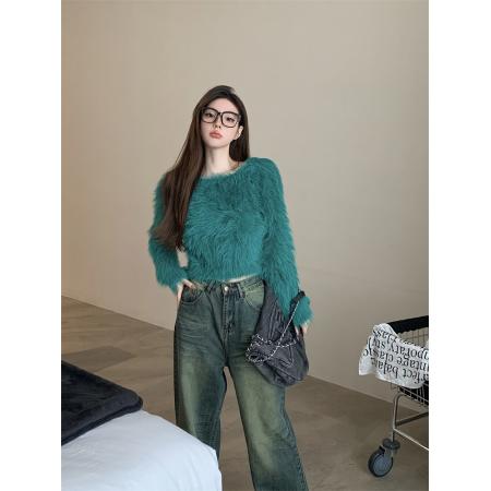 FA53025# 设计感纯欲性感纯色仿水貂绒简约短款软糯毛衣女  服裝批發女裝批發服飾貨源