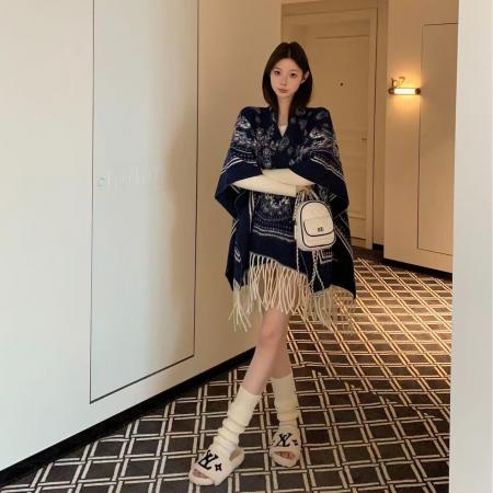 FA53026# 水墨画花纹围巾秋围脖韩版百搭高级感保暖斗篷披肩  服裝批發女裝批發服飾貨源