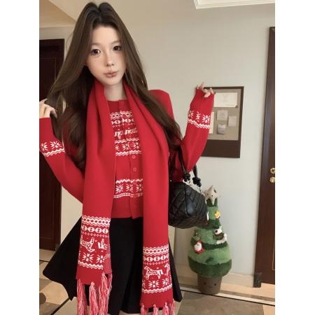 FA53027# 圣诞序曲复古费尔岛小马提花本命年针织开衫围巾两件套  服裝批發女裝批發服飾貨源