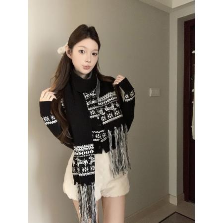 FA53027# 圣诞序曲复古费尔岛小马提花本命年针织开衫围巾两件套  服裝批發女裝批發服飾貨源