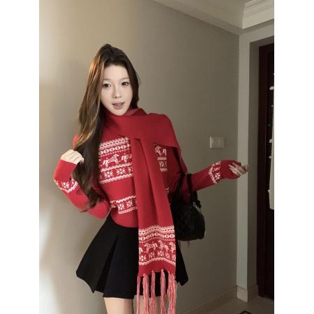 FA53027# 圣诞序曲复古费尔岛小马提花本命年针织开衫围巾两件套  服裝批發女裝批發服飾貨源