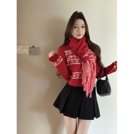 FA53027# 圣诞序曲复古费尔岛小马提花本命年针织开衫围巾两件套  服裝批發女裝批發服飾貨源