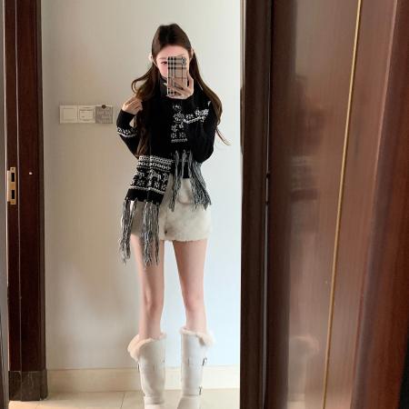 FA53027# 圣诞序曲复古费尔岛小马提花本命年针织开衫围巾两件套  服裝批發女裝批發服飾貨源