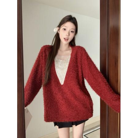 FA53028# 设计感链条拼接v领毛绒女秋冬宽松慵懒感纯欲长袖上衣  服裝批發女裝批發服飾貨源