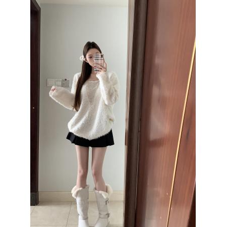 FA53028# 设计感链条拼接v领毛绒女秋冬宽松慵懒感纯欲长袖上衣  服裝批發女裝批發服飾貨源