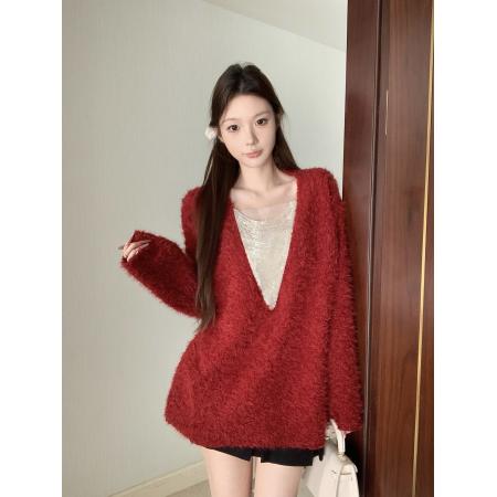 FA53028# 设计感链条拼接v领毛绒女秋冬宽松慵懒感纯欲长袖上衣  服裝批發女裝批發服飾貨源