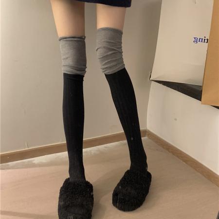 FA53029# 撞色拼接长筒袜女ins保暖过膝高筒新款堆堆袜  服裝批發女裝批發服飾貨源