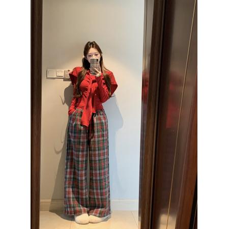 FA53031# 圣诞氛围感红色披肩修身针织衫高腰显瘦阔腿格子裤  服裝批發女裝批發服飾貨源