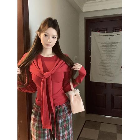 FA53031# 圣诞氛围感红色披肩修身针织衫高腰显瘦阔腿格子裤  服裝批發女裝批發服飾貨源