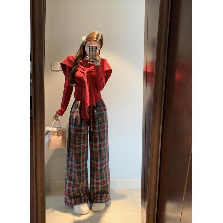 FA53031# 圣诞氛围感红色披肩修身针织衫高腰显瘦阔腿格子裤  服裝批發女裝批發服飾貨源