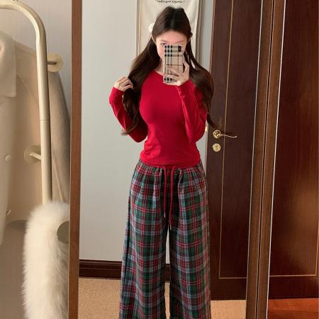 FA53031# 圣诞氛围感红色披肩修身针织衫高腰显瘦阔腿格子裤  服裝批發女裝批發服飾貨源