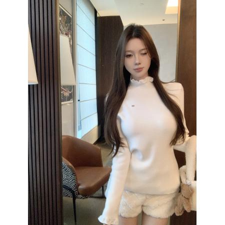 FA53033# 蕾丝边修身打底衫女皮草内搭半高领毛衣长袖针织上衣  服裝批發女裝批發服飾貨源