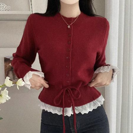 FA53034# 韩国chic圆领蕾丝拼接长袖毛衣外套抽绳收腰针织上衣  服裝批發女裝批發服飾貨源