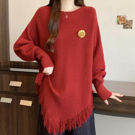 FA53035# 高级感红色正肩毛衣女秋冬季新款大码胖mm下摆流苏不规则上衣  服裝批發女裝批發服飾貨源