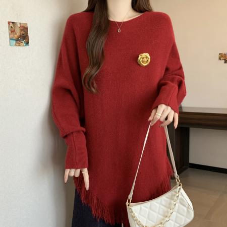 FA53035# 高级感红色正肩毛衣女秋冬季新款大码胖mm下摆流苏不规则上衣  服裝批發女裝批發服飾貨源
