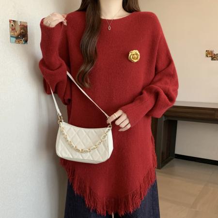 FA53035# 高级感红色正肩毛衣女秋冬季新款大码胖mm下摆流苏不规则上衣  服裝批發女裝批發服飾貨源
