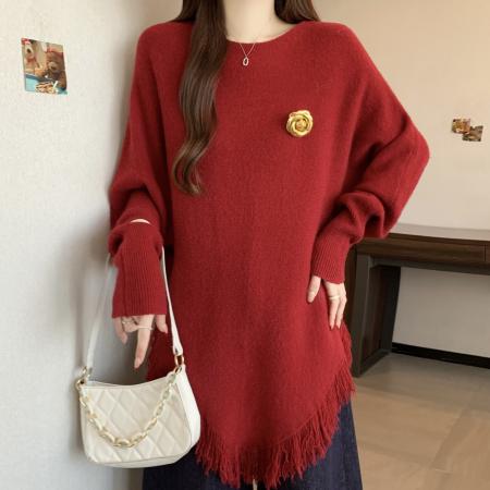 FA53035# 高级感红色正肩毛衣女秋冬季新款大码胖mm下摆流苏不规则上衣  服裝批發女裝批發服飾貨源