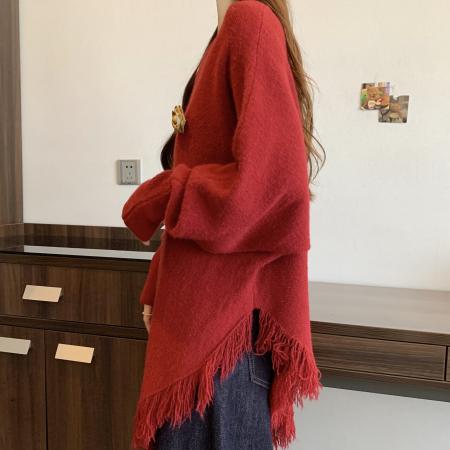 FA53035# 高级感红色正肩毛衣女秋冬季新款大码胖mm下摆流苏不规则上衣  服裝批發女裝批發服飾貨源