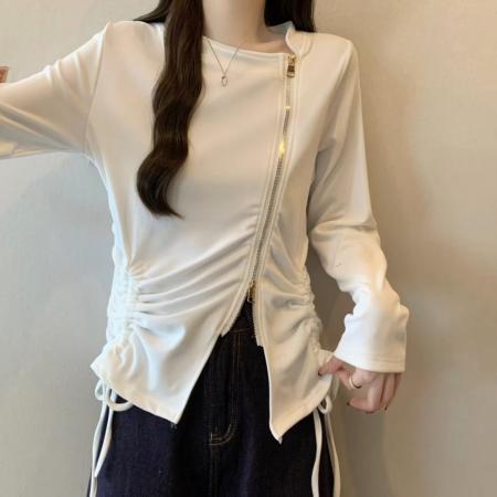 FA53037# ～时尚斜拉链卫衣外套女款抽绳收腰显瘦内搭上衣  服裝批發女裝批發服飾貨源