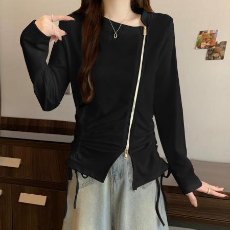 FA53037# ～时尚斜拉链卫衣外套女款抽绳收腰显瘦内搭上衣  服裝批發女裝批發服飾貨源