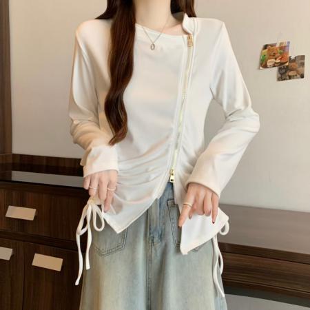 FA53037# ～时尚斜拉链卫衣外套女款抽绳收腰显瘦内搭上衣  服裝批發女裝批發服飾貨源