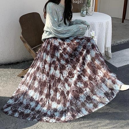 FA53038# 春季新款法式不规则复古拼色格纹显瘦高腰A字半身裙  服裝批發女裝批發服飾貨源