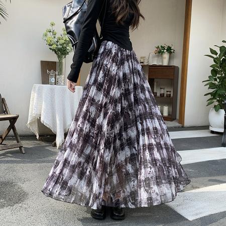 FA53038# 春季新款法式不规则复古拼色格纹显瘦高腰A字半身裙  服裝批發女裝批發服飾貨源