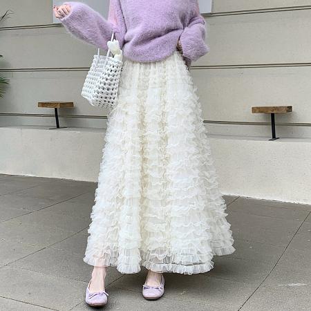 FA53040# 甜美重工网纱蓬蓬蛋糕裙米白色荷叶边层次感半身裙秋冬百搭仙女裙  服裝批發女裝批發服飾貨源