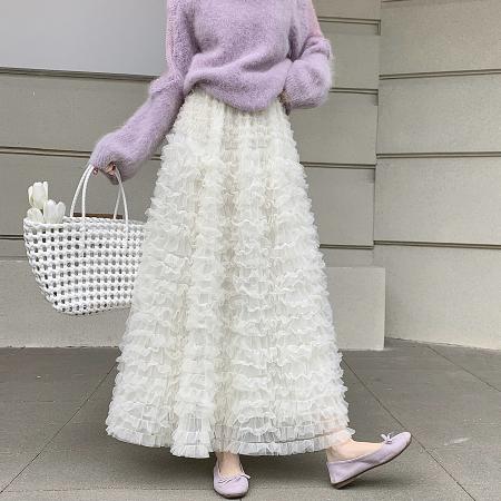 FA53040# 甜美重工网纱蓬蓬蛋糕裙米白色荷叶边层次感半身裙秋冬百搭仙女裙  服裝批發女裝批發服飾貨源