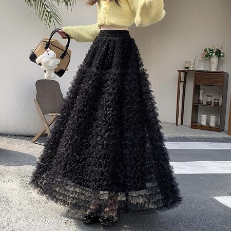 FA53040# 甜美重工网纱蓬蓬蛋糕裙米白色荷叶边层次感半身裙秋冬百搭仙女裙  服裝批發女裝批發服飾貨源