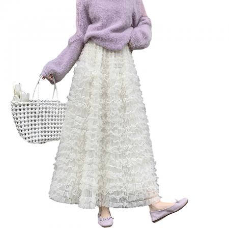 FA53040# 甜美重工网纱蓬蓬蛋糕裙米白色荷叶边层次感半身裙秋冬百搭仙女裙  服裝批發女裝批發服飾貨源