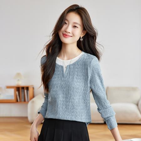 FA53041# 质感拼接长袖春季新款休闲圆领撞色波浪肌理上衣T恤  服裝批發女裝批發服飾貨源