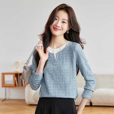 FA53041# 质感拼接长袖春季新款休闲圆领撞色波浪肌理上衣T恤  服裝批發女裝批發服飾貨源