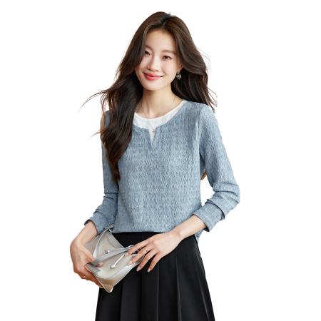 FA53041# 质感拼接长袖春季新款休闲圆领撞色波浪肌理上衣T恤  服裝批發女裝批發服飾貨源