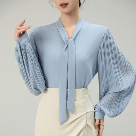 FA53042# 春季新款风琴百褶袖雪纺衬衫垂感不易皱通勤飘带上衣  服裝批發女裝批發服飾貨源