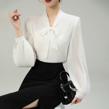 FA53042# 春季新款风琴百褶袖雪纺衬衫垂感不易皱通勤飘带上衣  服裝批發女裝批發服飾貨源
